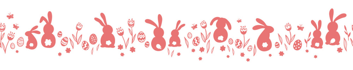 Cute hand drawn horizontal seamless pattern with bunnies, easter eggs, flowers and butterflies, great for banners, wallpapers, websites, cards - vector design