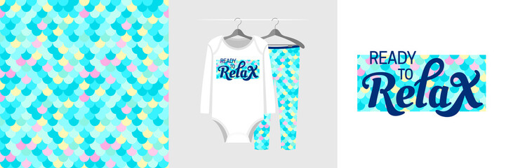 Seamless pattern and illustration for a kid with fish scales, Ready to Relax text