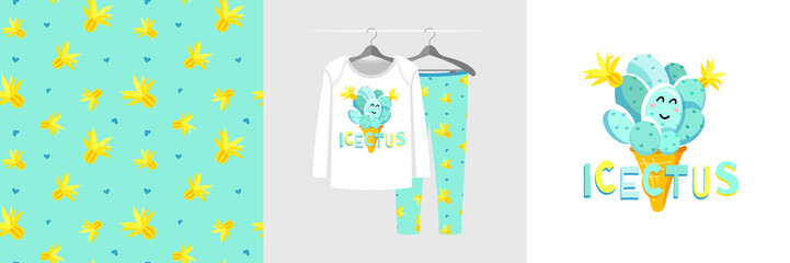 Seamless pattern and illustration for a kid with a cacti ice cream