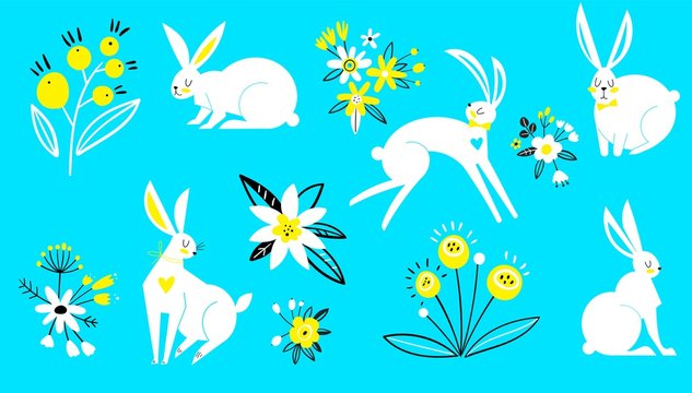 Set of hares in a flat style. White rabbits on a blue background. Spring flowers. Easter design with cute banny and hand drawn illustration.