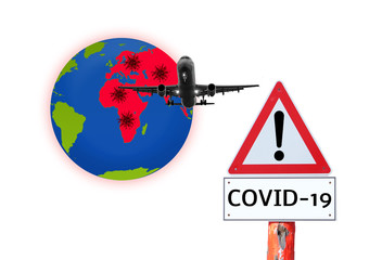 COVID-19 Weltkugel mit Flugzeug Coronavirus