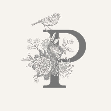 Decoration with letter P, decorative flowers and bird.