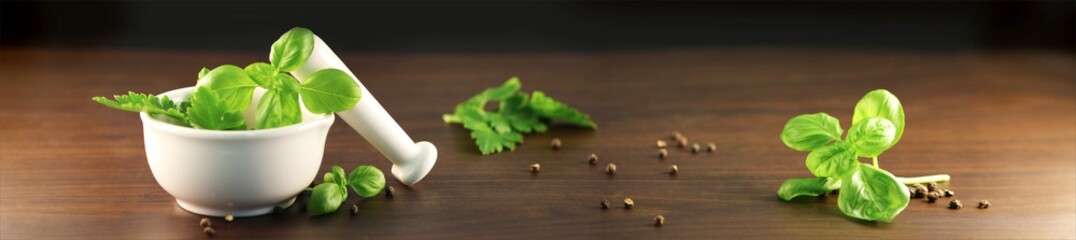 Fresh basil in mortar, green garden herb on dark background