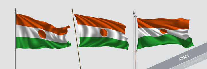 Set of Niger waving flag on isolated background vector illustration