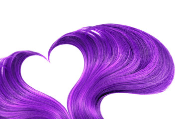 Purple hair in shape of heart on white, isolated