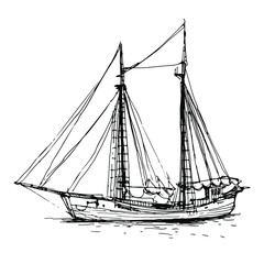 Old Sailboat, vintage ship, yacht, boat. Hand drawn line art, doodle ink sketch. Stock vector illustration isolated on white background