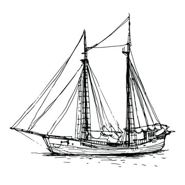 recommend clip art: Old Sailboat, vintage ship, yacht, boat. Hand drawn line art, doodle ink sketch. Stock vector illustration isolated on white background