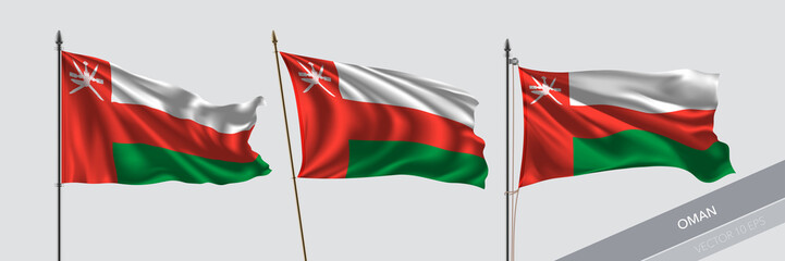 Set of Oman waving flag on isolated background vector illustration - obrazy, fototapety, plakaty