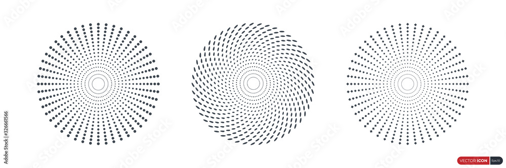 Wall mural set of circle halftone dot patterns sunburst. vintage linear rays of sun. flat vector design element