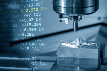 The abstract scene of  CNC milling machine  cutting the sample  parts by long neck solid ball...