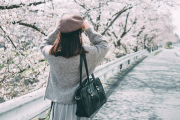 Under the cherry tree, the girl smiles gently