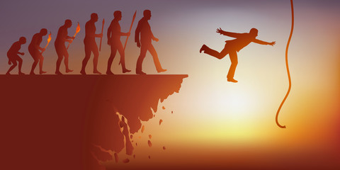 Concept de la fin du monde avec le symbole de l’évolution de l’homme de Darwin qui aboutit à la destruction de la planète et un homme qui tente de saisir la corde de la dernière chance. © pict rider