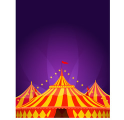 Circus tent in red and yellow colors with searchlight on purple background. Poster template. Vector illustration