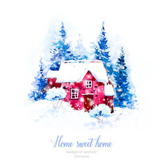 Winter landscape. Watercolor hand drawn botanical illustration. Watercolor christmas. Winter houses in the snow. Winter forest