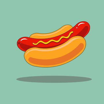 Hand Drawn Doodle Hot Dog With Long Appetizing Vienna Sausage With Mustard In The Traditional Bun On Gray Background With Shadow. Typical New York Style Fast Food From City Street Vending Cart