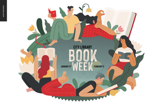 World Book Day graphics -book week events. Modern flat vector concept illustrations of reading people -young men and women reading book sitting and laying down surrounded by plants and blossom flowers