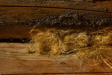 Jute in sunny weather between two logs in a wooden house