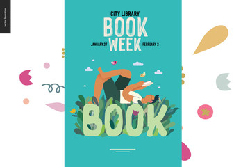 World Book Day graphics, poster grass -book week events. Modern flat vector concept illustrations of reading people -a brunette man laying down in the grass, reading a book