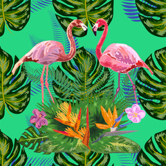 Beautiful hand drawn seamless pattern with palm leaves and flamingo.