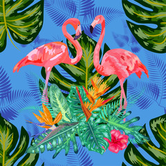 Obraz premium Beautiful seamless floral exotic pattern with tropical flowers, palm leaves, jungle plants, hibiscus, bird of paradise flower, pink flamingos.