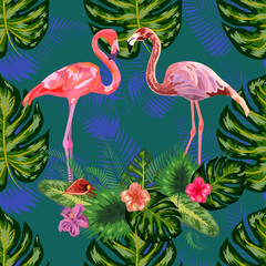 Beautiful hand drawn seamless pattern with palm leaves and flamingo.