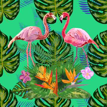 Beautiful hand drawn seamless pattern with palm leaves and flamingo. © MichiruKayo