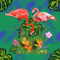 Naklejka premium Beautiful seamless floral exotic pattern with tropical flowers, palm leaves, jungle plants, hibiscus, bird of paradise flower, pink flamingos.