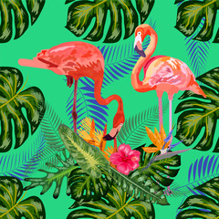Beautiful hand drawn seamless pattern with palm leaves and flamingo.