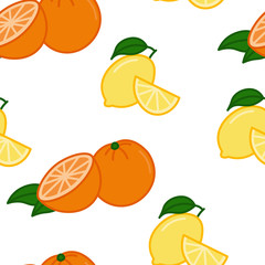 cartoon fruits seamless pattern on white background fresh juicy orange and lemon, editable vector illustration for decoration, fabric, textile, paper, print