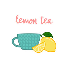 cartoon tea mug with juicy fresh lemon, cute colorful cup, editable vector illustration for decoration, card, print, sticker