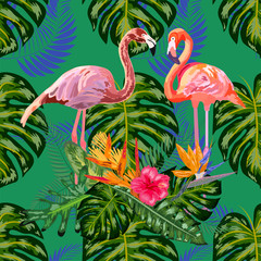 Beautiful hand drawn seamless pattern with palm leaves and flamingo.