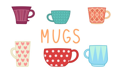 cartoon coffee or tea mugs, set of cups icons, editable vector illustration for decoration, card, print, stickers