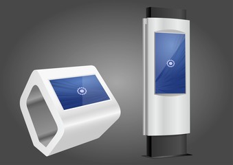 Two Promotional Interactive Information Kiosk, Advertising Display, Terminal Stand, Touch Screen Display. Mock Up Template.