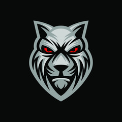 logo, label, icon, illustration of a wolf's head with dark background. 