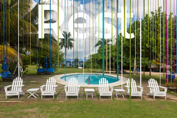 Rest. Art vision of travel concept - lines design on beautiful nature scenery for vacation. Modern...