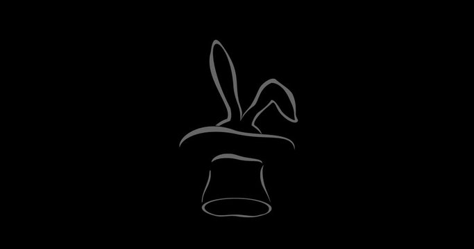 Animated rabbit outline in the hat. Animation  of contour emblem on black background