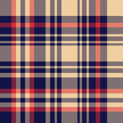Plaid pattern background. Seamless dark large asymmetric check plaid graphic in blue, red, and sand beige for flannel shirt, blanket, throw, upholstery, duvet cover, or other modern fabric design.