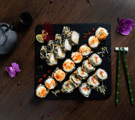 sushi set on the wooden background