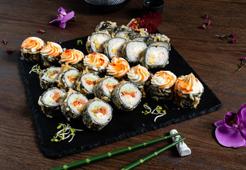 sushi set on the wooden background