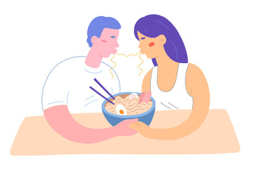 Noodle kiss, couple eating ramen, holding hands in cafe, cute flat illustration, isolated vector drawing, japanese noodle soup in bowl with chopsticks. Man and woman in ramen shop romantic date dinner