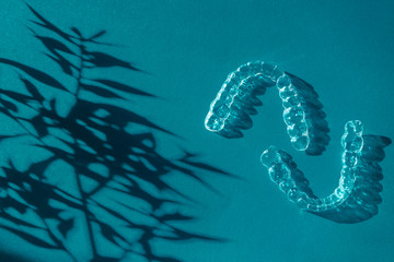 Invisible aligners teeth brackets on blue background, flower shadow