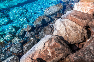 Israel coastline aerial top view , Stone Rocks and blue clear water as beautiful nature resort background in eilat city