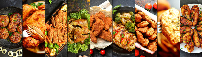 Meat dishes. Different food. A variety of meat dishes. Food collage top view.