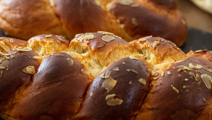 Easter greek tsoureki braid, sweet bread brioche background