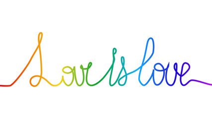 Fototapeta na wymiar One line drawing of quotes. LOVE is Love, the colors of the rainbow. minimalistic linear illustration of the concept of love from a continuous line