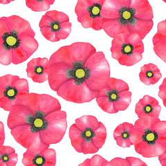 Watercolor red Poppy seamless pattern. Hand drawn botanical Papaver flower illustration isolated on white background. Bright field plant texture for decoration, design, textile, printing.
