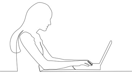 continuous line drawing of woman sitting with computer laptop