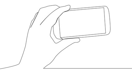 continuous line drawing of hand using social media mobile app on smart phone.