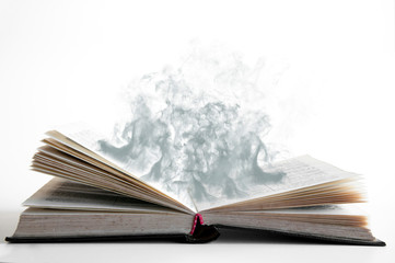 Open book. Smoke from the book. Pages in the smoke. Abstraction