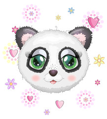 Cute panda cartoon girl face with bright expressive eyes with flowers and stars.